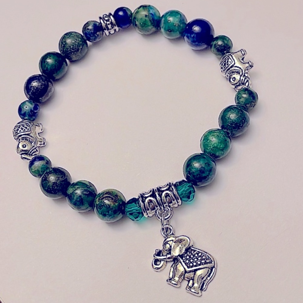 Chrysocolla, Malachite, Azurite Sphere w/ Pyrite & Elephant Charm 💙🩵💚🤍